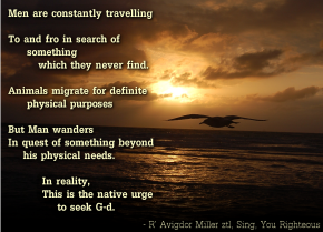 Men are constantly travelling to and fro in search of something which they never find. Animals migrate for definite physical purposes, but Man wanders in quest of something beyond his physical needs. In reality, this is the native urge to seek G-d. - R’ Avigdor Miller ztl, Sing, You Righteous